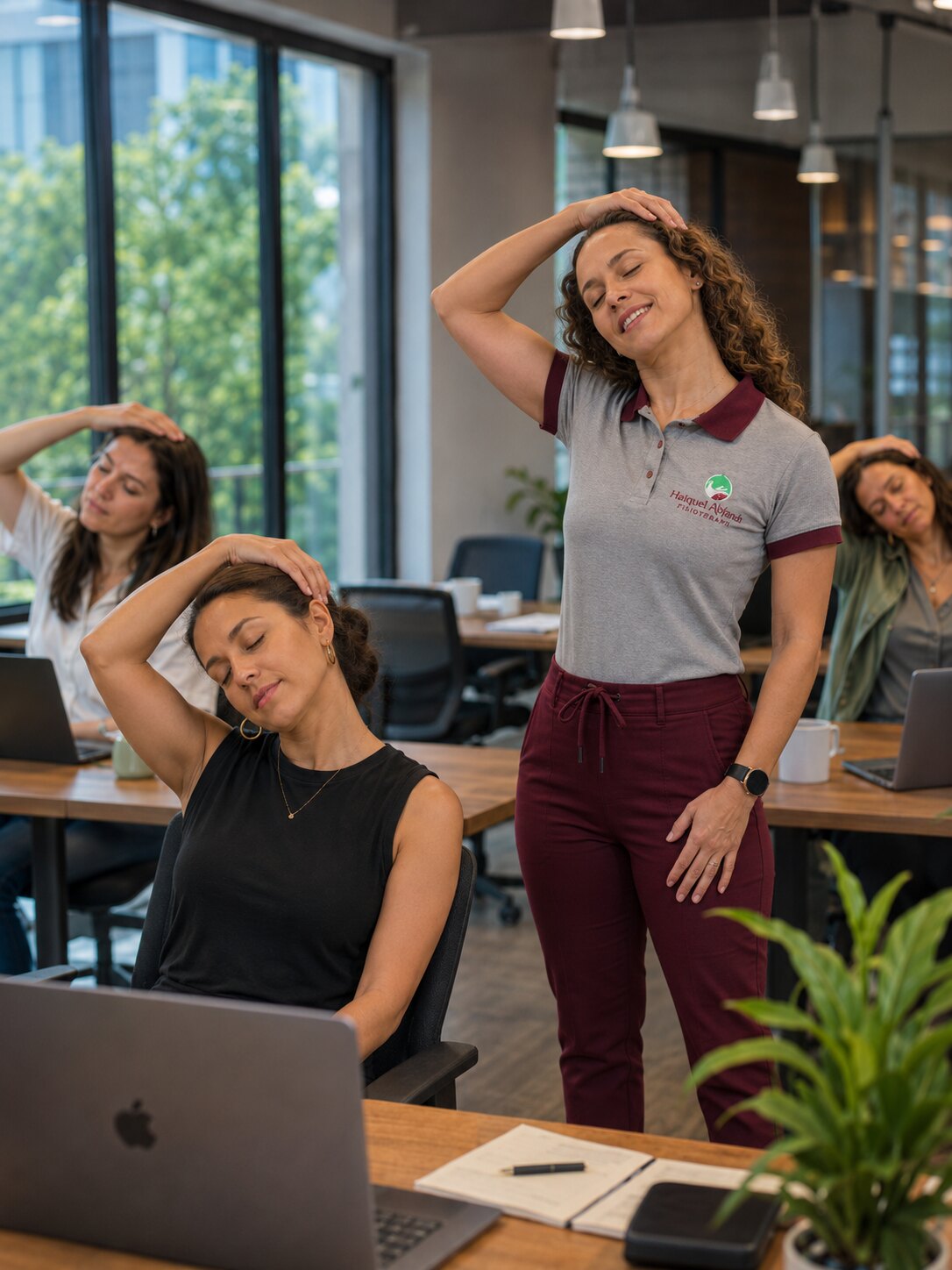 Fisioterapeuta conduzindo ginástica laboral em grupo no ambiente de trabalho